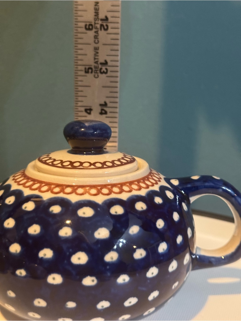 Boleslawiec Polish Pottery Small Blue Peacock Polka Dot Teapot - Picture 8 of 8